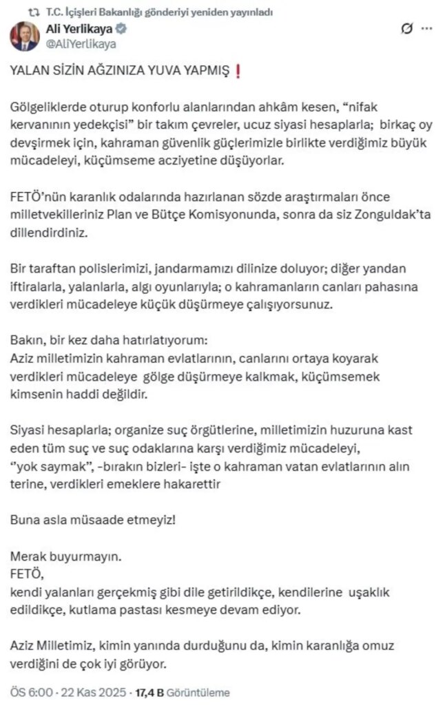 Ali Yerlikaya’dan Özgür Özel’e Cevap